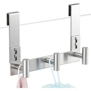 PMMASTO No-Drill Extra Long Shower Hooks, Fits 3/8" Thick Door, Heavy Duty Stainless Steel Towel Hooks for Frameless Glass Shower Door, Holds Bathrobe Towel (Silver, 3 T-Hooks)