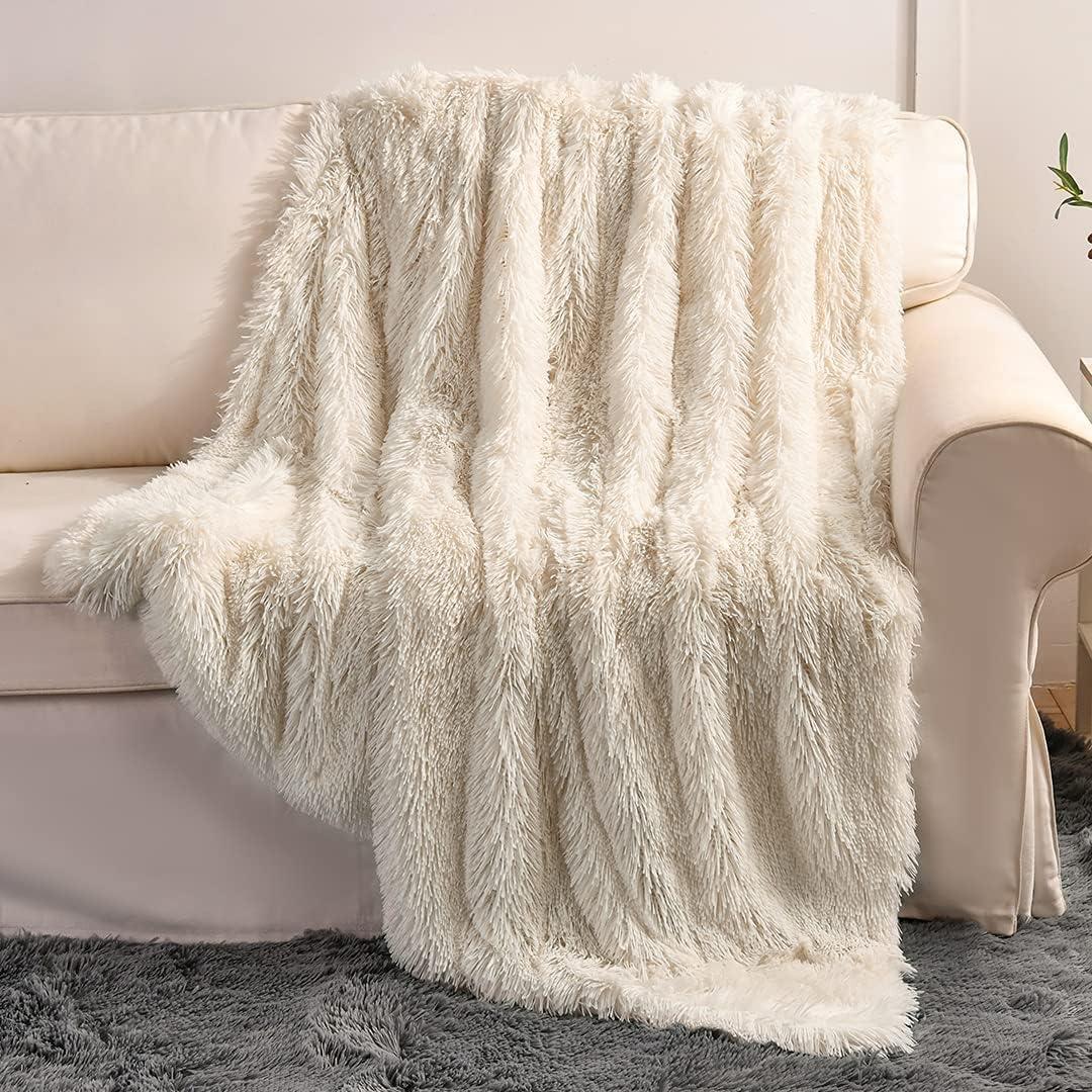 YUSOKI Long Faux Fur Throw Blanket for Sofa Couch,2 Layers,2.1lb,All Ages,Home Decoration, (Cream White,50" x 60")