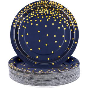 Aneco 60 Pieces 7 Inches Disposable Paper Plates Navy Blue Plate Blue and Gold Foil Dot Dessert Plate Round Paper Plates for Wedding Bridal Shower Birthday Party Decorations