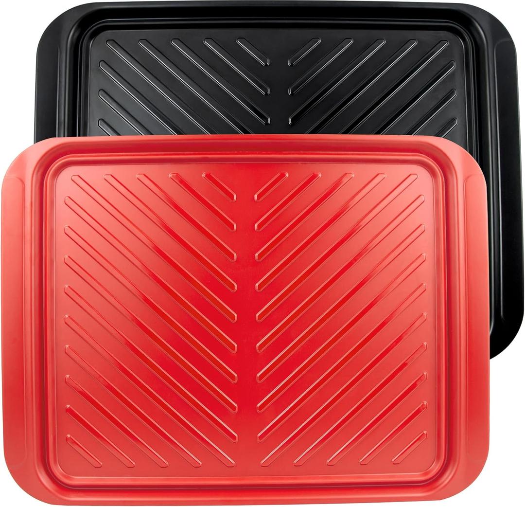 Large Grilling Prep and Serve Trays, 17.3" x 13" BBQ Platters for Raw and Cooked Food, Melamine Serving Trays for Food, Set of 2, Black and Red, Cleaning Pack Included
