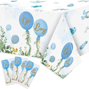 Baby Shower Party Tablecloths - 3Pcs Watercolor Blue Birthday Party Table Cover Decorations, Oh Boy Themed Rectangular Plastic Disposable Table Cloth for Baby Boys Birthday Gender Reveal Supplies, 13.39"L x 6.89"W