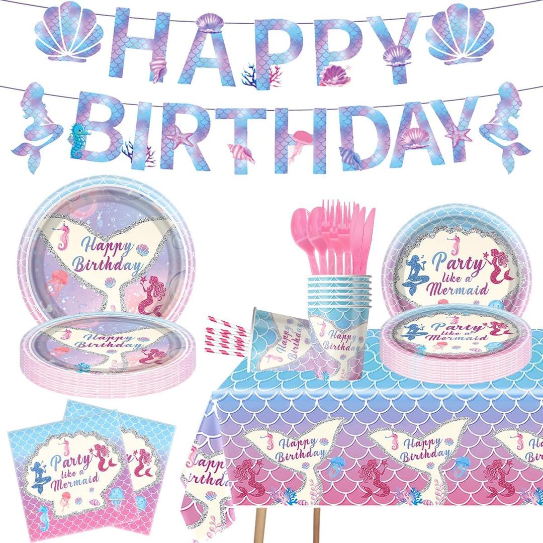 92Pcs Mermaid Birthday Party Decoration Set, Mermaid Party Supplies Including Banners, Plates, Cutlery, Tablecloths, Ocean Themed Birthday Party Decorations