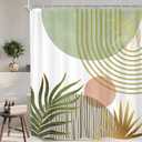 KOMLLEX Mid Century Boho Shower Curtain for Bathroom Decor Abstract Green Modern Minimalist Red Aesthetic Sun Arch Curve Leaves Geometric Neutral Fabric Waterproof Polyester 12 Pack Hook 60Wx72H (Green Orange Gold)