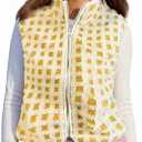 WOWULOVELY Womens Checkered Sherpa Vest Sleeveless Fleece Jacket Coat Lightweight Zip Up Crochet Plaid Gilet with Pocket(Begie-S)