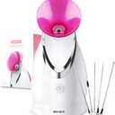 EZBASICS Facial Steamer Ionic Face Steamer for Home Facial, Warm Mist Humidifier Atomizer for Face Sauna Spa Sinuses Moisturizing, Unclogs Pores, 1 Pack + 5 Stainless Steel Skin Kit Pink