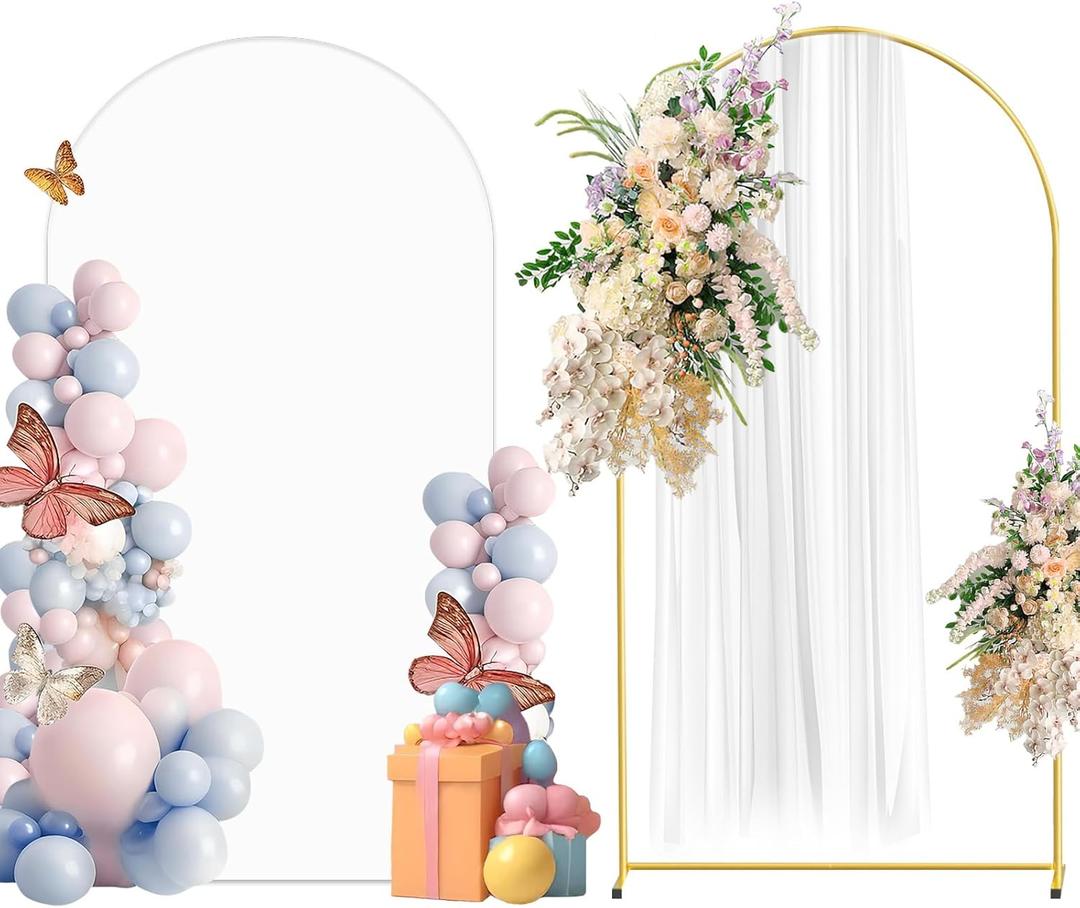 Metal Arch Backdrop Stand and Cover Set, 7.2FT White Reusable Spandex Fitted Backdrop Cover and Gold Wedding Arch Frame for Baby Shower, Birthday, Parties Decoration.