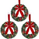 Hausse Set of 3 Christmas Wreaths, Lighted Artificial Christmas Wreath with Large Red Bow & Ornaments, Battery Operated with LED Lights, for Front Door Gate Wall Christmas Party Decorations