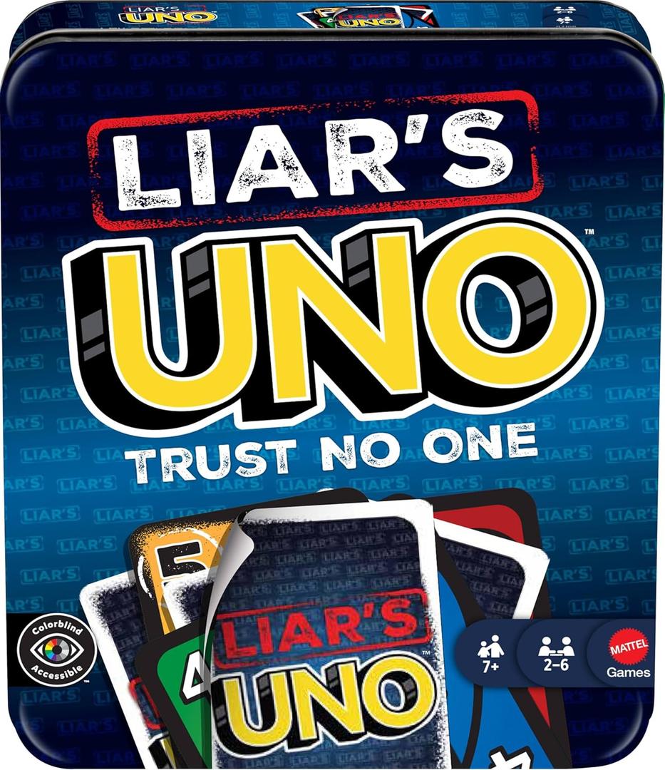 Mattel Games Liars UNO Card Game in Travel & Storage Tin for Adults, Kids, Families, Parties & Game Nights, Outwit Other Players with Bluffing & Trickery 