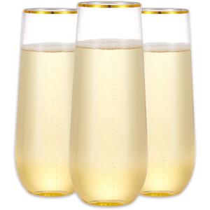 N9R 12PCS Plastic Champagne Flutes, 9 oz Stemless Disposable Gold Rim Toasting Glasses, Crystal Clear Cocktail Cups Drinkware Shatterproof Ideal for Party Wedding Birthday