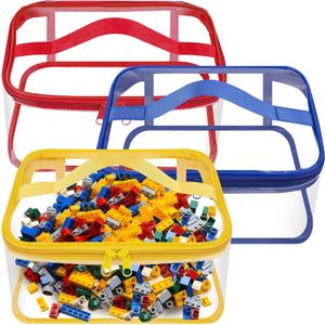 3 Packs Clear Toy Storage Bags- 9.4 x 6.7 x 4.3 Inch Transparent PVC Toy Organizing Bags with Zipper- Waterproof Toy Storage Organizer Pouch for Building Blocks, Small Toys (Red, Blue, Yellow)
