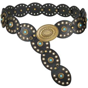 WERFORU Women Western Belts Wide Disc Belt with Turquoise for Dress Cowgirl Country Belt Boho Concho Leather Belt for Concert, Black(bronze Buckles)