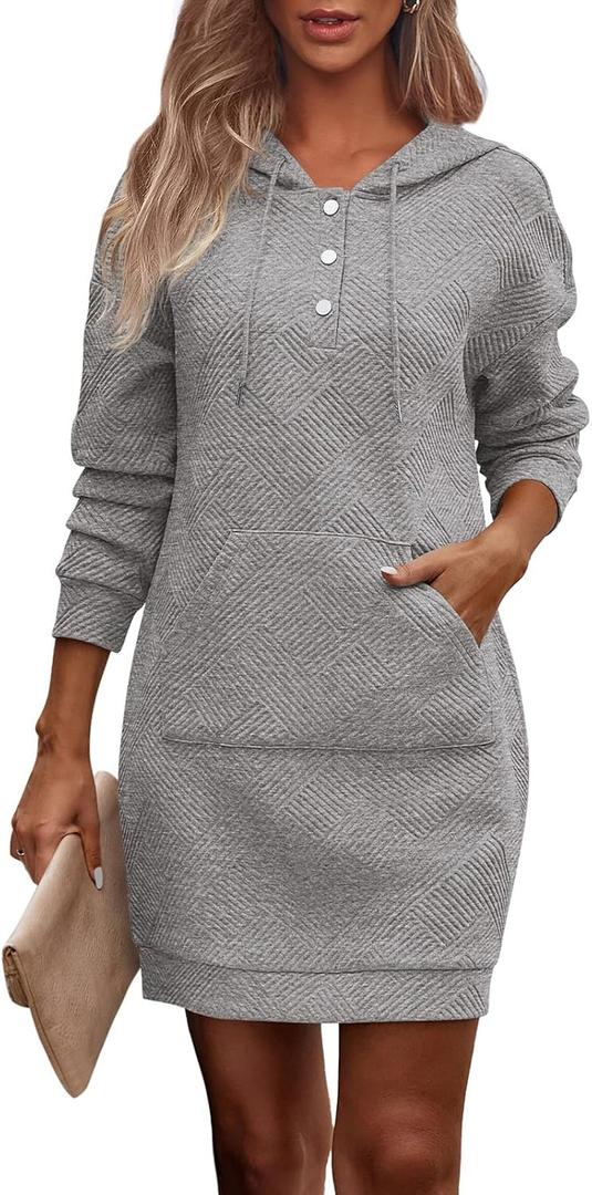 PRETTYGARDEN Womens Long Sleeve Hoodies Dress 2026 Fall Texture Button Oversized Sweatshirts Spring Dresses with Pockets (Gray, S)
