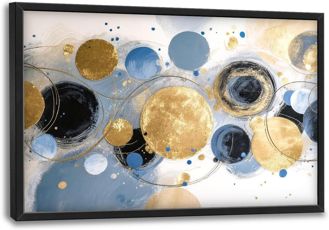 Large Abstract Wall Art for Living Room Gold Circle Blue Pictures Wall Decor Boho Canvas Print Paintings Home Framed Artwork Decoration Gifts for Bedroom Office 24"x36"