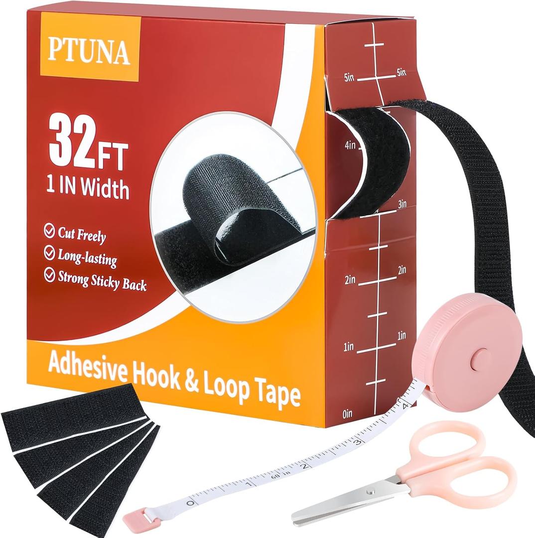 32Ft *1 Inch Hook and Loop Tape with Adhesive Back, Heavy Duty Double Sided Adhesive Strips, Strong Sticky Strips Roll for Home/Office/School/Car, Black