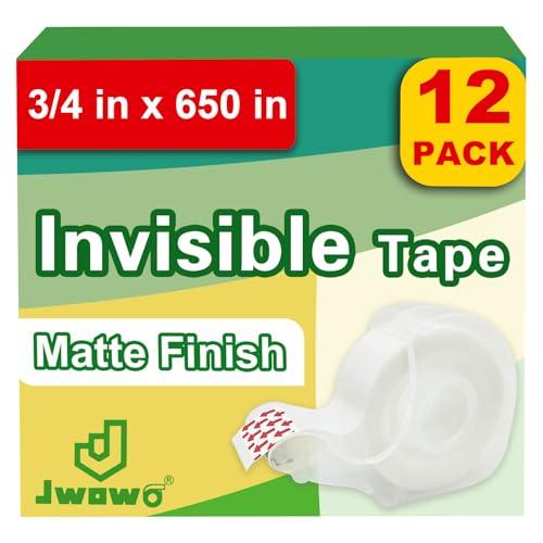 JWOWO 12 Invisible Tape with 12 Refillable Tape Dispenser, Holiday Supplies and Gift Wrap Tape, Great for Christmas Crafts, Matte Finish, 3/4 in x 650 in