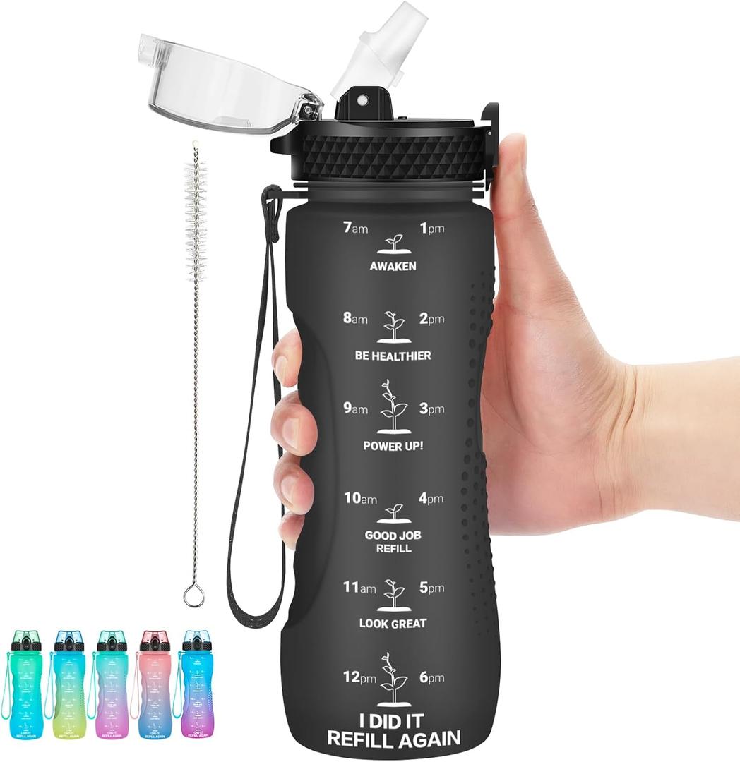 24 OZ Motivational Water Bottle With Time Marker,Leak Proof,Straw Lid, Tritan BPA Free Sports Water Bottle Black(1 Lid)