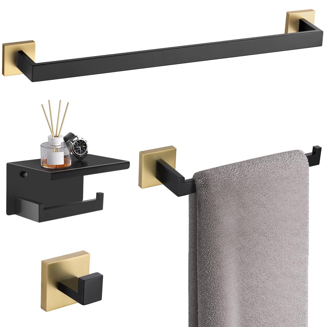 TURS Bathroom Hardware Set Black 4-Piece Towel Bar Set Include 24 Inch Towel Bar Hand Towel Holder Towel Hook Toilet Paper Holder with Shelf Wall Mounted Stainless Steel Bathroom Accessories Set TURS Bathroom Hardware Set Black 4-Piece Towel Bar Set Include 24 Inch Towel Bar Hand Towel Holder Towel Hook Toilet Paper Holder with Shelf Wall Mounted Stainless Steel Bathroom Accessories Set