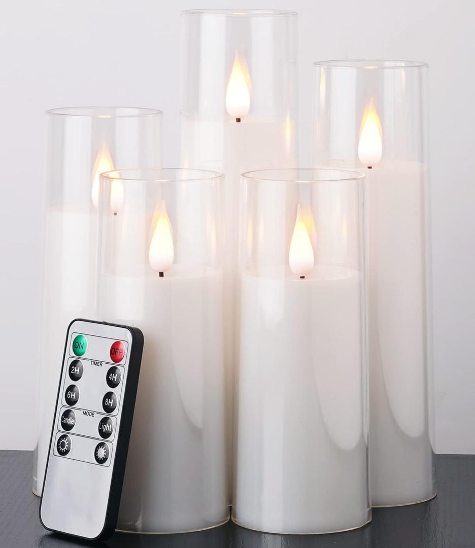 Amagic Pure White Flameless Candles, Battery Operated Candles, Acrylic Flickering LED Pillar Candles with Remote Control and Timer, 3D Wick, Yellow and Blue Glow, D2.2 xH5 5" 6" 7" 8", Set of 5 (Pure White & YellowBlue Light)