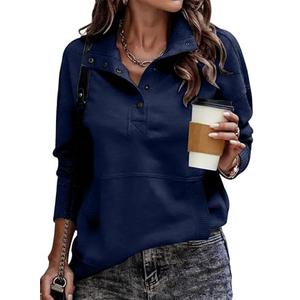 SHEWIN Womens Sweatshirt Casual Long Sleeve Lightweight Sweatshirts Loose Button V Neck Pullover Tops Fall Clothes for Women 2025,US 4-6(S),Navy Blue