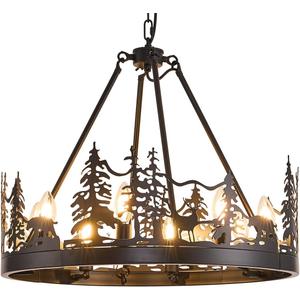 8-Light Black Wagon Wheel Chandeliers,Farmhouse Deer Country Chandelier Dining Room Light Fixtures,Round Industrial Vintage Kitchen Island Pendant Light for Living Room Entryway Foyer 30"
