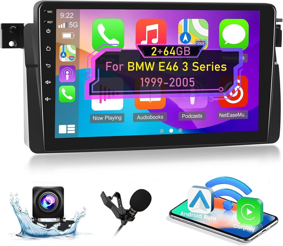 [2+64G] Android Car Radio for BMW 3 Series 1999-2005(E46) - Wireless Carplay and Android Auto - 9 Inch Touch Screen Car Stereo with Multiple Themes/GPS/WiFi/SWC/Bluetooth + AHD Backup Camera