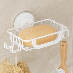 LEVERLOC Soap Holder Dish with Hooks for Shower, Bar Suction Cup Soap Tray Wall Mounted, Rustproof Stainless Steel Sponge Holder Caddy for Bathroom Bathtub Kitchen Sink, White (1 Tire)