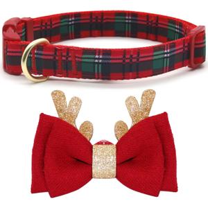 azuza Christmas Dog Collar, Plaid Dog Collar and Cute Glitter Reindeer Antler with Bowtie, Soft & Comfy Xmas Dog Collars, for Small Dogs (XS - Neck:8-12 inch)