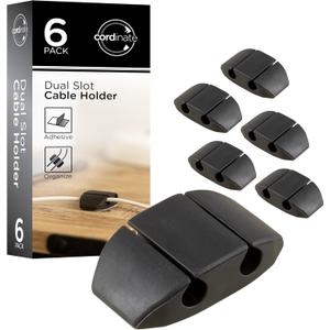 Cordinate Dual Slot Cable Management Dots, Cord Organizer Cable Holder Clips, Desk Cable Management Cable Organizer, Charging Cable Holder for Nightstand, Desk Cable Straps, 6 Pack, Black, 46091-RF1
