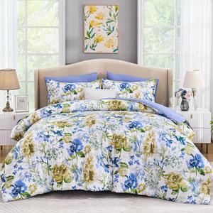Luxudecor Floral Comforter Set Queen Size 7 Pieces Bed in a Bag, Blue Flower Watercolor Bed Set, Soft Comforter with Sheet Set 90"x90"