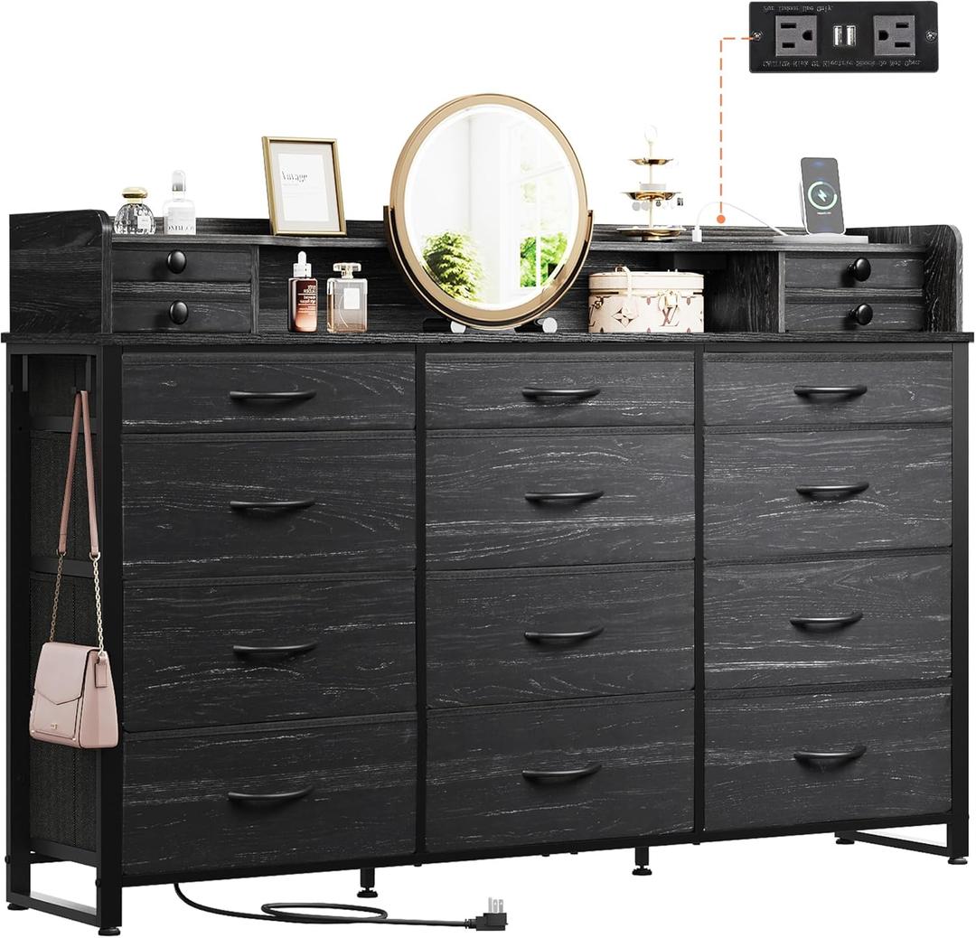 WLIVE 55''W Storage Organizer Unit with Charging Station, Black Storage Drawers Organizer with 16 Fabric Drawers & 3 Open Shelves, Large Storage Tower Organizaton for Living Room, Hallway, Office (Charcoal Black Wood Grain Print)