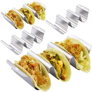 (Set of 4) Taco Holder Rack with Handle, 3 Slot Wave Stainless Steel Taco Stand for Hard & Soft Shell, For Family Party, BBQ & Taco Tuesday