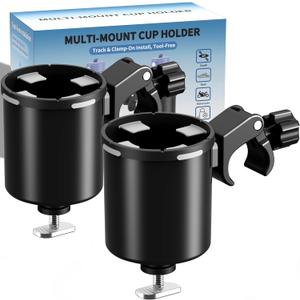 2Pcs Upgraded Kayak Cup Holder with Track & Clamp Mount, 360 Adjustable Cup Holder Fits 12oz-40oz Tumblers, 2-in-1 Cup & Storage Bin for Kayak Fishing, Tree Stand Hunting, Fits Round & Square Rods