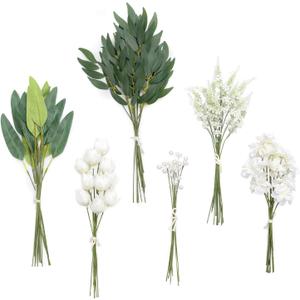 Ling's moment Artificial Greenery Stems Box Set, 86pcs with 6 Kinds of Faux Greenery Picks for DIY Bridal Bouquets, Wedding Floral Arrangement Table Centerpieces, Green & White