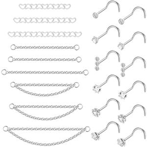 21PCS 22G 316L Stainless Steel Nose Ring Chain for Women Men Nose Chain Piercing Double Nose Stud Nostril Piercing Jewelry
