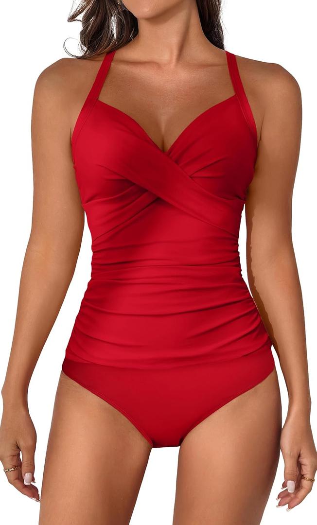 B2prity Women's Ruched Tankini Swimsuits V Neck Wrap Tie Back Two Pieces Bathing Suit Tummy Control Swimwear (S, Red)