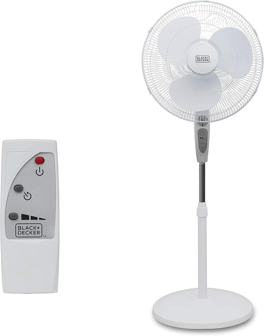 BLACK+DECKER 18-Inch Stand Fan with Pedestal Base, Height Adjustable Pedestal Fan with Remote and Touch Control Panel, Free Standing Fan with 90-Degree Oscillating and 3-Speed Settings, Black (White)