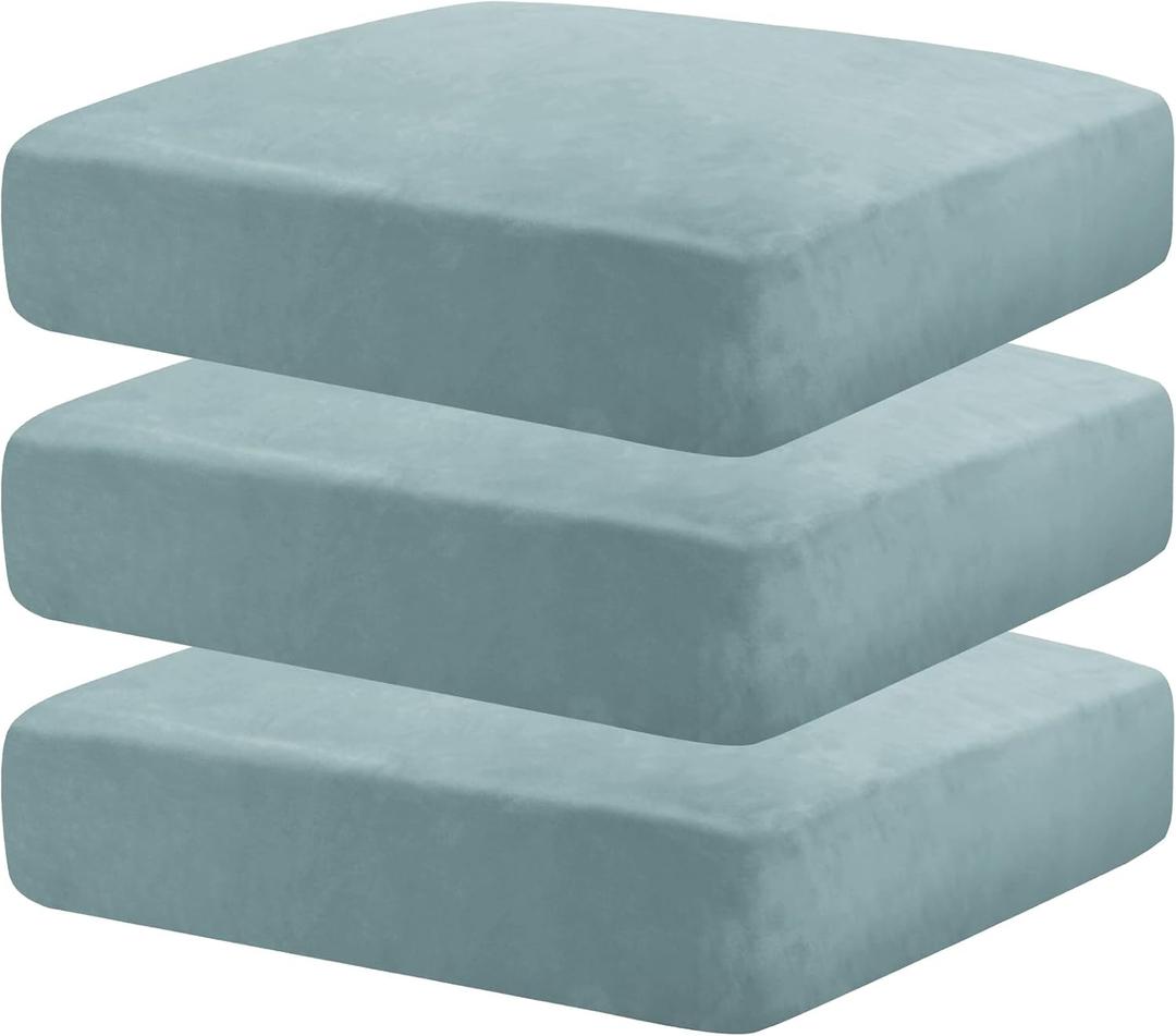 MAXIJIN Velvet Stretch Cushion Covers Fitted Couch Cushion Slipcovers Sofa Seat Cushion Covers for Individual Cushions with Elastic Bottom (3 Piece Sofa Seat Slipcovers, Dusty Blue)