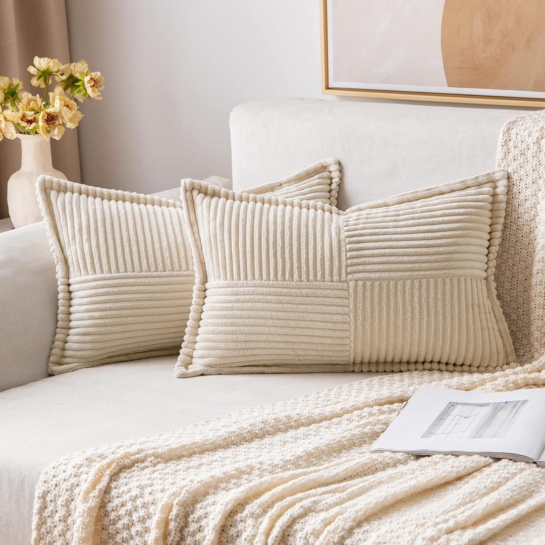 MIULEE Corduroy Lumbar Pillow Covers 12x20 Inch with Splicing Set of 2 Soft Boho Pillow Covers Broadside Decorative Throw Pillows for Couch Livingroom Beige