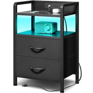 Night Stand Bedside Charger Bedroom - Nightstand with Charging Station & LED Light Strip, Night Stand with Storage Shelf & 2 Fabric Drawers, Morden End Table with U-S-B Ports & AC Outlets, Black 11.4"D x 15.6"W x 24.4"H