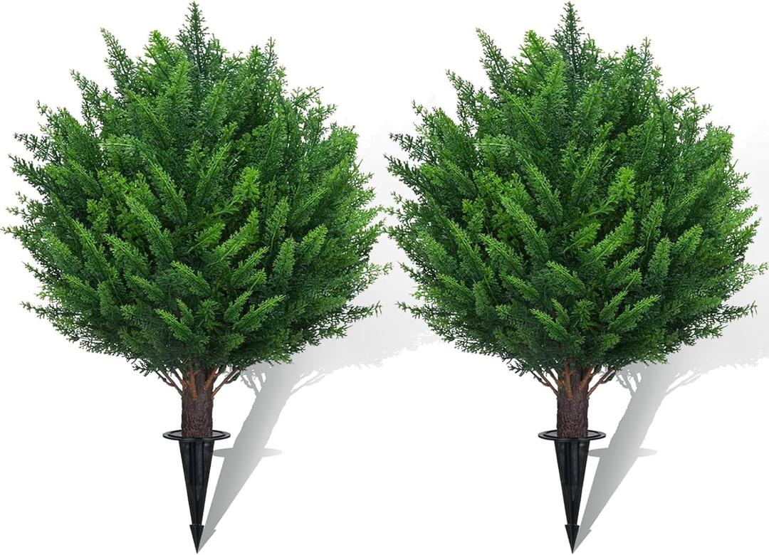21" Artificial Cedar Topiary Ball Trees with Ground Spike Set of 2 - UV Resistant Faux Shrubs & Bushes Potted Plants for Outdoor Indoor Front Porch Garden