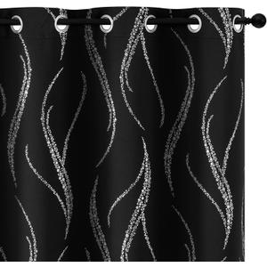 Yakamok Blackout Curtains 54 inch Length Living Room Thermal Insulated Silver Wave Line Dots Pattern Darkening Grommet for Bedroom, Black, W42 x L54-inch, 2 Panels Black/Silver Print (42"W x 54"L (Pack of 2), Black/Silver Print)
