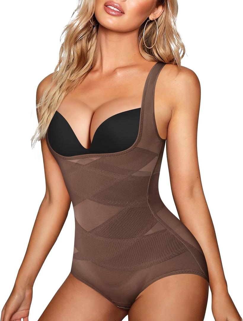 REYEOGO Shapewear Bodysuit for Women Tummy Control Butt Lifter Panty Hi-Waist Trainer Stomach Body Shaper Slimming Girdles (Medium, Chocolate Brown)