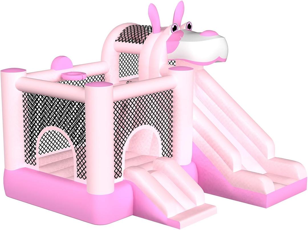 MUKDIY Inflatable Bounce House Double Slide, 9.5ft x9.5ft Jumping Castle for Kids,Heavy-Duty 840D Oxford Fabric, Ages 3-8, Includes 450W Blower, 8 Stakes, Repair Kit (Up to 3 Kids), Pink