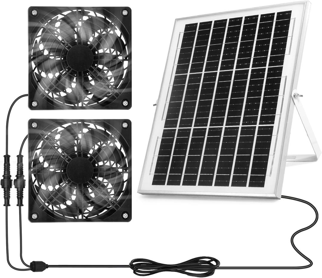Solar Powered Fan Kit, Weatherproofed Exhaust Fan Air Ventilation Equipment with 25W Solar Panel and 2 High-Speed 5 Inch Dual Fans, Kit for Outside Chicken Coops, Pet House, Attics, Greenhouses, Shed