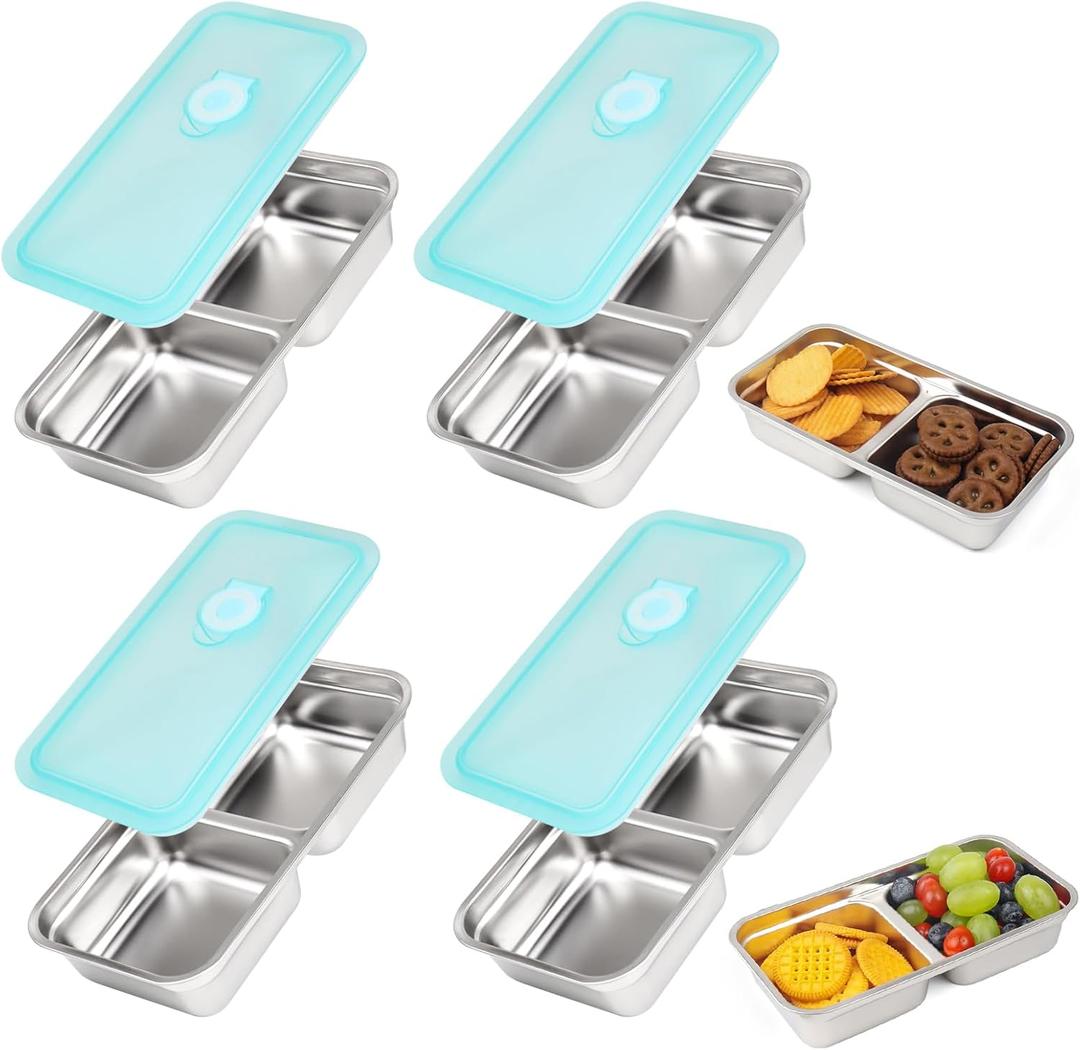Stainless Steel Snack Containers, 4 Pack Grab and Go Snack Containers Reusable, Double Compartment Food Storage Containers with Lids, Lunch Box Containers for Travel, Outdoor Camping and Daily Use