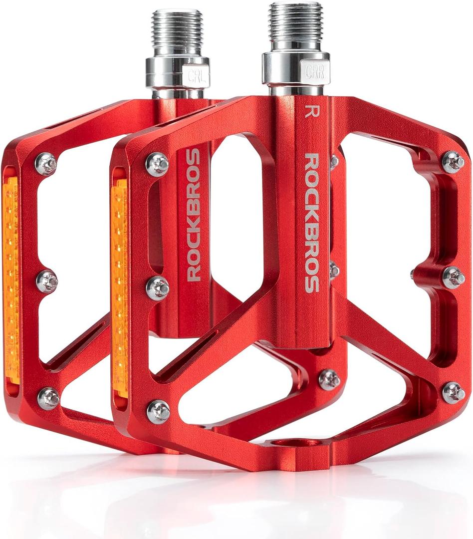 ROCKBROS Mountain Bike Pedals MTB Pedals Bicycle Flat Pedals Aluminum 9/16" Sealed Bearing Lightweight Platform for Road Mountain BMX MTB Bike (Reflective Pedals-Red)
