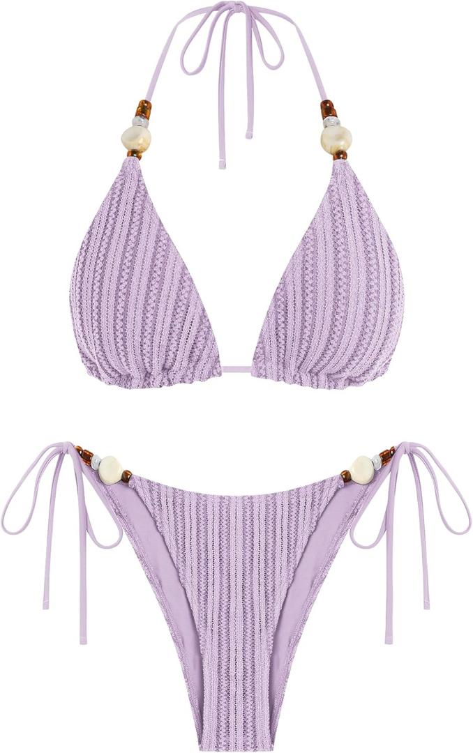 ZAFUL Women's Bikini Sets Beads Triangle Swimsuits 2 Piece String High Cut Cheeky Bathing Suits (Purple, XL)