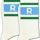 Blue and Off-white Retro Striped Crew Socks with The Letter, Classic Initial Sporty Monogram Socks.