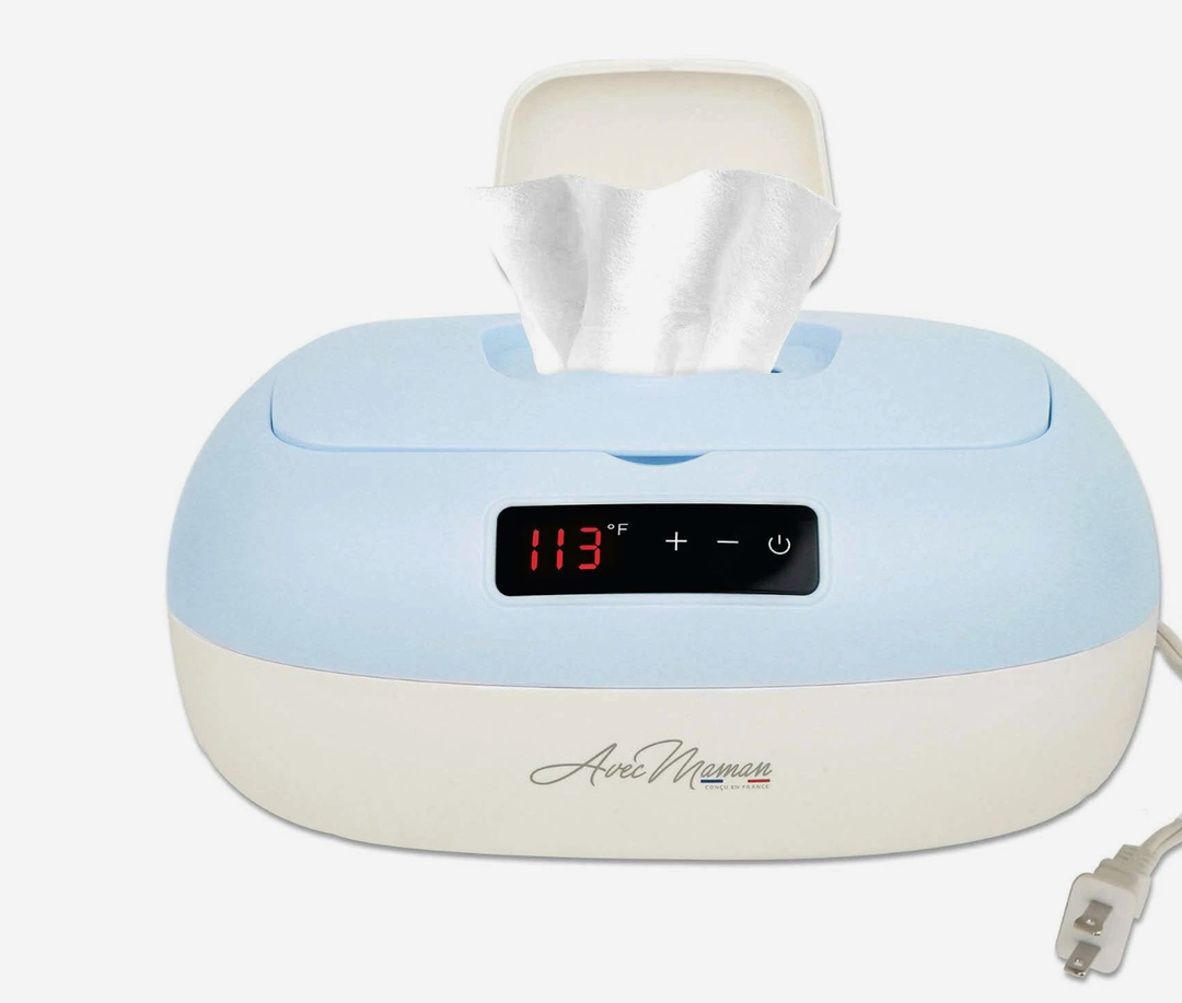 Avec Maman La Caresse Baby Wipe Warmer - Baby Essentials for Boys - Wet Wipe Dispenser - Adjustable Heat Settings Digital Display - Blue