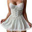Lilosy Sexy Garter Belt Mesh Lace Babydoll Lingerie Dress Set with Thong (Large, White)